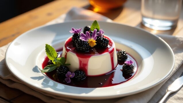 Panna cotta de vainilla con coulis de frutos rojos, cubierta con moras frescas y flores comestibles, elegante presentaci&oacute;n de postre en plato