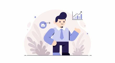 Stylized business person with upward trend graph and mail icon