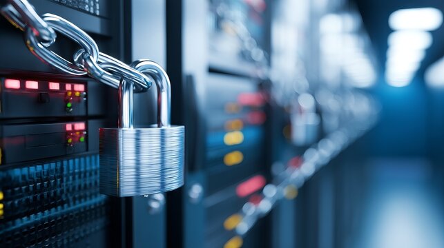 Digital Data Protection Concept with Padlock on Secure Server Room