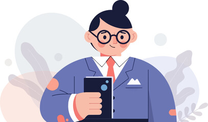 A flat illustration of a person in a suit and tie, holding a smartphone, with abstract backgrounds