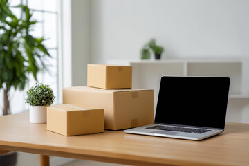 Office setting with packages and a laptop during bright afternoon