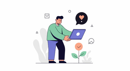 Person with laptop, heart chat bubble, and small plant with checkmark