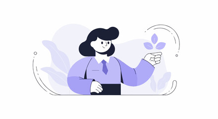 Obraz premium Person in a suit holding a plant, surrounded by abstract shapes and leaves