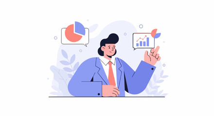 Businessperson with charts and data analysis, presenting growth trends and insights