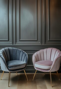 Two stylish armchairs in pink and gray velvet with gld legs against a paneled all