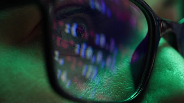 AI code on eyeglass glass, reflection on woman developer eyeglasses, working in dark office, tired busy people, depression on work, haker or it engineer with laptop, stocks markets. 