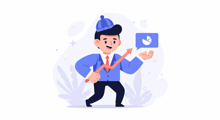 Cheerful character in blue suit and cap holds red rising arrow and pie chart bubble