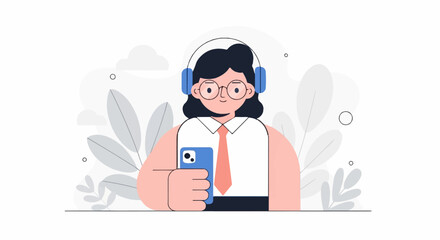 Obraz premium Stylized person with headphones and phone, surrounded by abstract flora