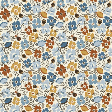Country retro floral ditsy seamless repeat pattern for apparel, textiles, clothing, home decor, paper products and more. Vintage style. Fall, autumn, spring, seasonal print.
