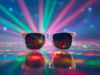 Neon Sunglasses Reflecting Colorful Laser Lights on Retro Futuristic Dance Floor