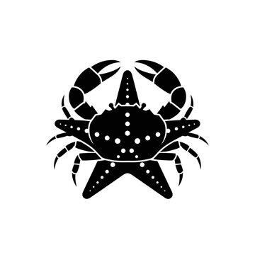 Black vector logo of a crab with starfishes, marine life, ocean creature, seafood, nature, and aquatic animal symbol