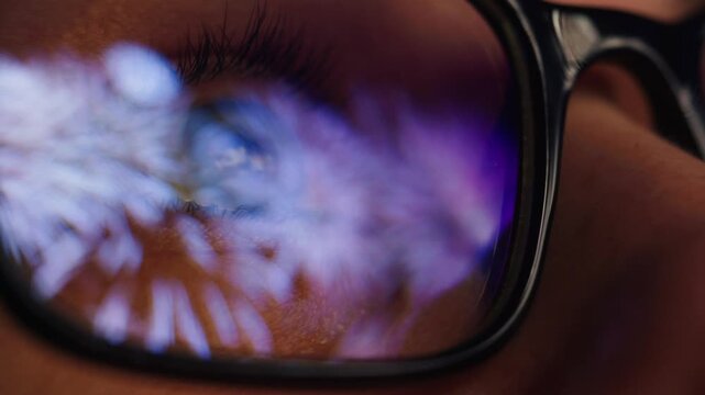 AI code on eyeglass glass, reflection on woman developer eyeglasses, working in dark office, tired busy people, depression on work, haker or it engineer with laptop, stocks markets. 