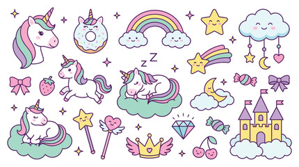 Cute unicorns elements. Kids little horse with wings. Child funny unicorn, rainbow, magic castle, clouds, stars. Fairy tale fantasy stickers for cards, invitations, posters. Vector set © STM  2.0