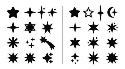 Collection of various black star and sparkle designs suitable for graphic elements in digital art and branding