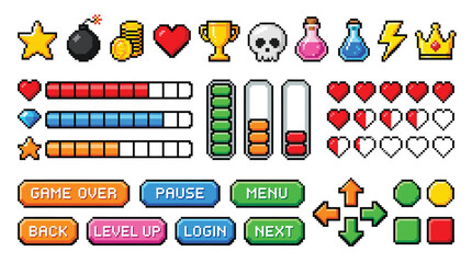 Pixel game icon. Retro video games element, arcade UI button, digital console 8-bit interface, pixels heart, bomb, star, menu buttons controller item. Vector set © STM  2.0