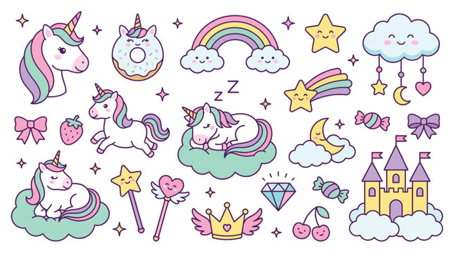 Cute unicorns elements. Kids little horse with wings. Child funny unicorn, rainbow, magic castle, clouds, stars. Fairy tale fantasy stickers for cards, invitations, posters. Vector set