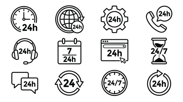 Vector set of 24 hour service icons including clocks, headsets, phones, calendars, and global support symbols in black and white style. 4 hour service and support icon vector set