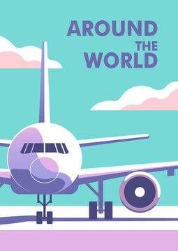 Airplane on runway. Travel and vacation banner. Vector illustration in a minimalistic style.
