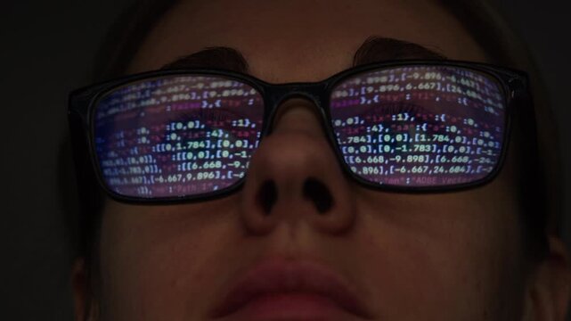 AI code on eyeglass glass, reflection on woman developer eyeglasses, working in dark office, tired busy people, depression on work, haker or it engineer with laptop, stocks markets. 