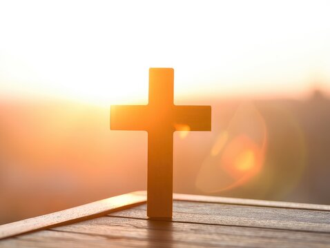 The christian Cross symbol of easter in sunset sky, AI generated image