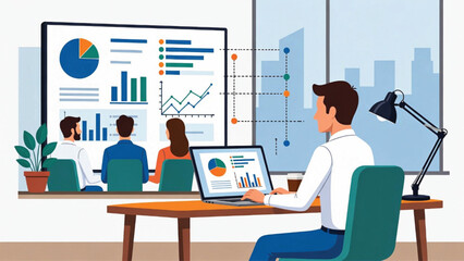 Business Team in modern office analyzing business growth charts on large screen