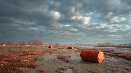 Abandoned toxic dump site with scattered barrels and dead vegetation under overcast sky