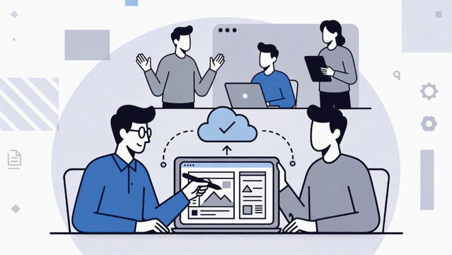 Business team collaborating on a project, analyzing data on laptop