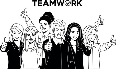 Obraz premium Diverse business team celebrating success together with thumbs up in a modern line art illustration