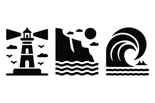 Lighthouse, rocky coast, and crashing wave icons