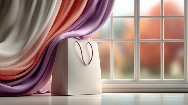 Elegant white shopping bag near window with flowing pink and purple curtains.

