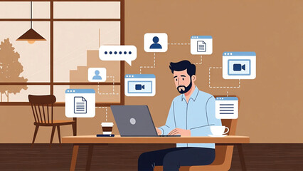 Fototapeta premium Business Man Working Remotely, Sending Files and Video Calling Colleagues
