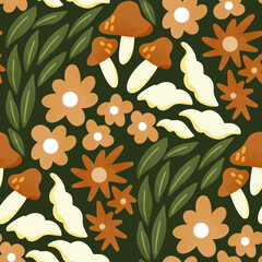 Cotton fabric Earthy Watercolor Mushroom and Forest Floral Seamless Pattern with Retro Botanical Elements on Dark Green Background for Textile and Wallpaper