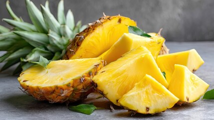 Fresh yellow pineapple slices arranged on a surface with whole pineapple and green leaves in background captured from top view with sharp focus and color grading