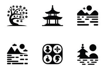 Naklejka premium Set of Japanese themed icons - Cherry blossom tree, Pagoda, Mountains