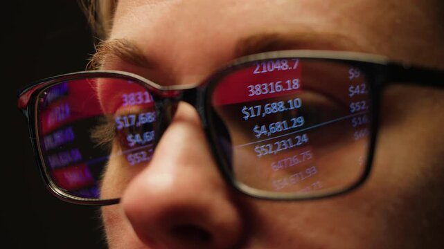 AI code on eyeglass glass, reflection on woman developer eyeglasses, working in dark office, tired busy people, depression on work, haker or it engineer with laptop, stocks markets. 