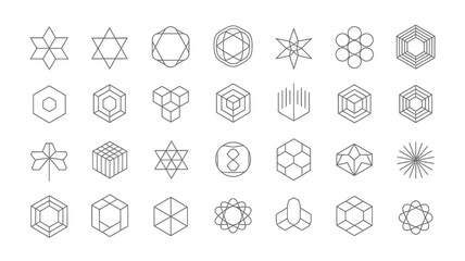collection of nine geometric icons in a 3x3 grid for ranking abstract structures, featuring black and white hexagonal and cubic form designs.