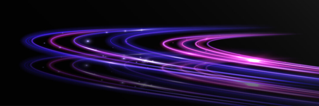 Abstract horizontal light trails in vibrant pink and blue tones forming dynamic curved motion lines on dark background, symbolizing speed, acceleration and futuristic energy flow.
