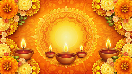 Floral decoration with traditional oil lamps for Diwali celebration  
