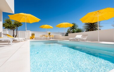 Fototapeta premium Sleek Modern Backyard with Luminous Glowing Water in a Pool Setting