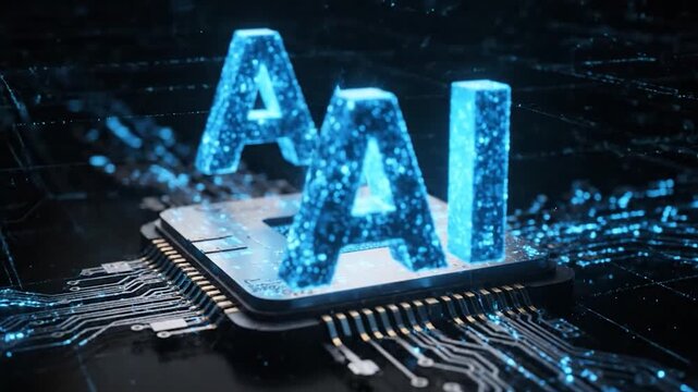 3D rendered letters "AI" floating above a CPU, glowing blue. Tech concept