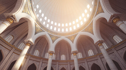 Ornate Interior View of a Mosque with Columns and Dome
