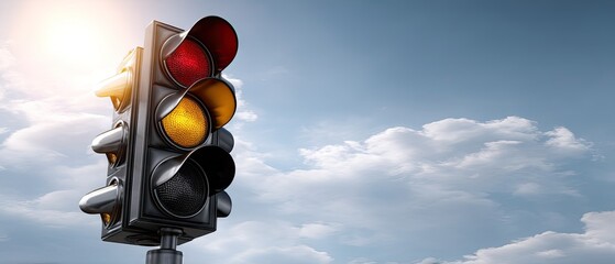 Traffic light showing red, yellow, and green lights against a bright sky with clouds, ideal for drivers needing guidance on roads