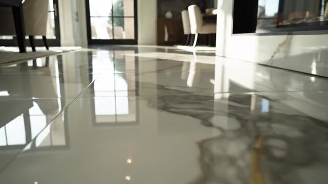 Bright polished floor tiles reflecting natural light and modern interior design.