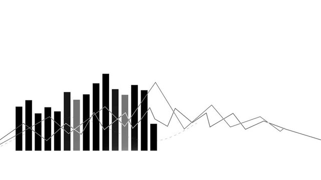 Monochrome bar and line chart abstract animation, Abstract financial chart composition combining vertical bar chart