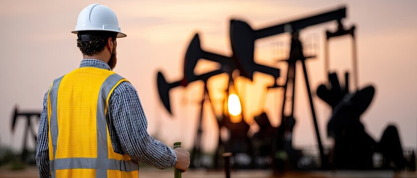 Worker watches oil pump in silhouette at sunset with another worker nearby and oil derricks in the background