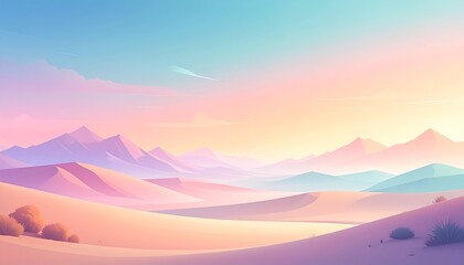 Obraz premium Vibrant desert sunrise landscape with pastel mountains and golden sand dunes