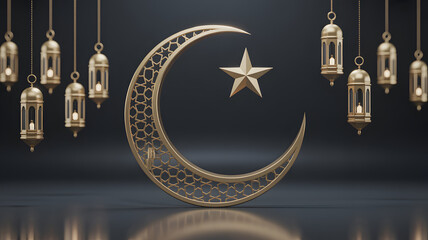 Gold crescent moon, star, and Ramadan lanterns against a dark backdrop.