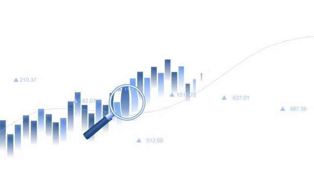 Financial chart with magnifying glass over bar graph and upward trend line animation, Monochrome financial bar chart with magnifying glass