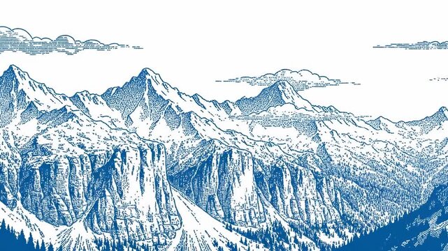 Blue engraved illustration of majestic mountain peaks and forest on white background with clouds, concept of traditional art and nature travel atmosphere