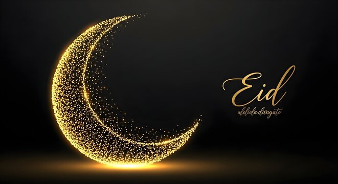 Eid mubarak greeting with golden crescent moon and sparkling lights